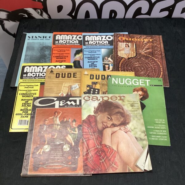Vintage lot of *Amazons in Action* magazines with colourful cover art.