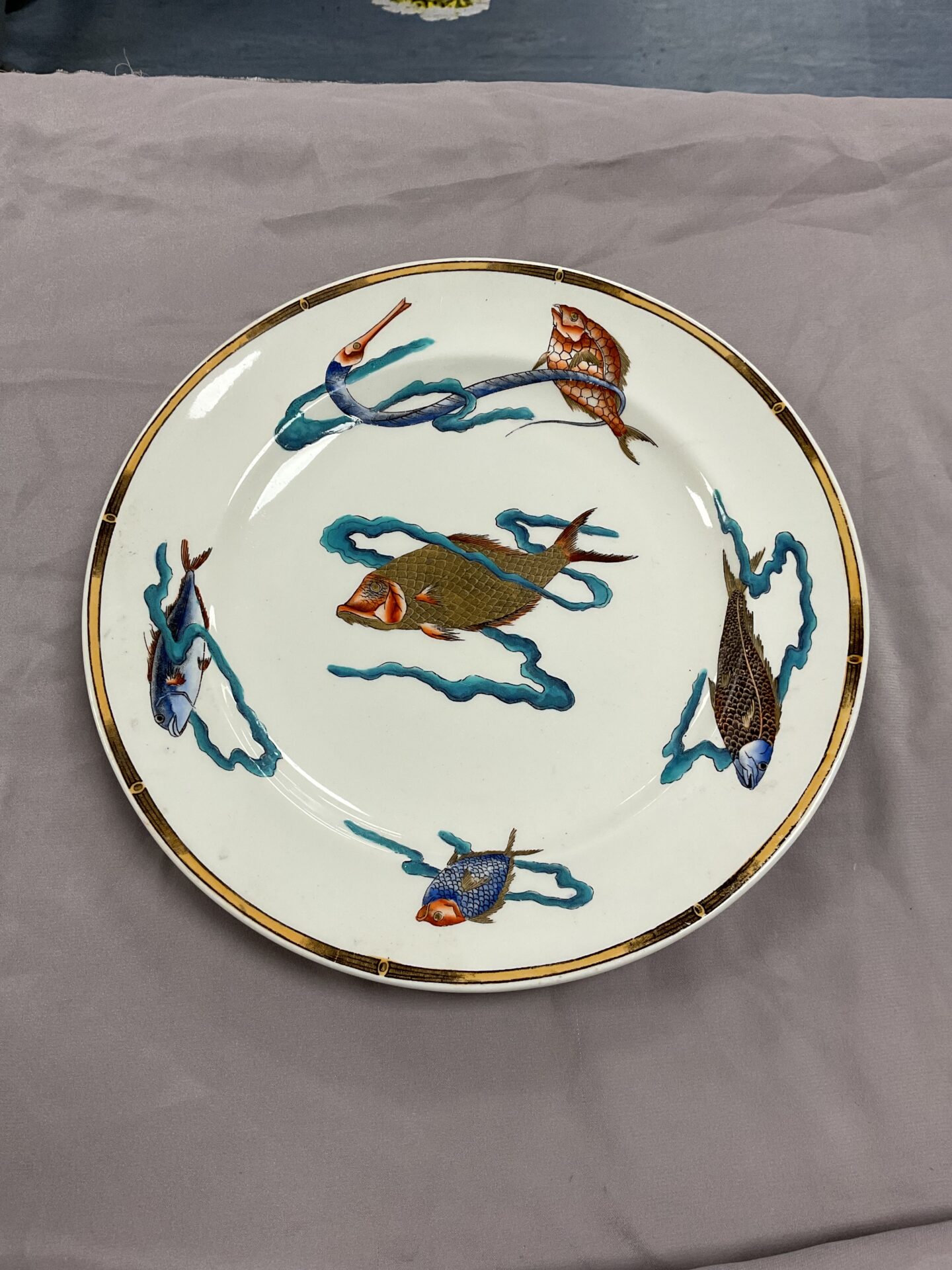 914 Victorian Royal Worcester Aesthetic movement circa 1877 10 3/8” handpainted plate decorated with polychrome and gilt carp and other fish