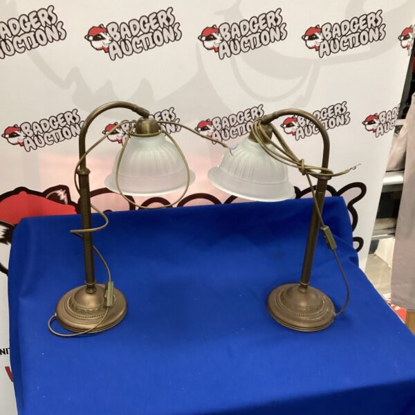Pair of vintage bronze adjustable table lamps with frosted shades.