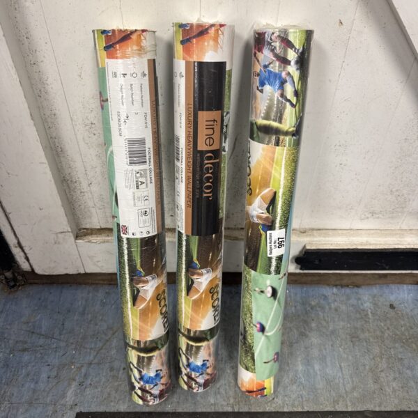 Three rolls of Fine Decor heavyweight football themed wallpaper.