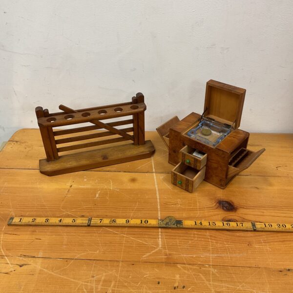 Vintage Art Deco burr walnut pipe rack and cigarette box set.