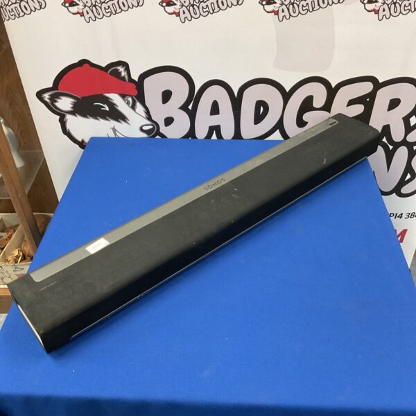 Front view of a black Sonos Playbar soundbar for home theatre.