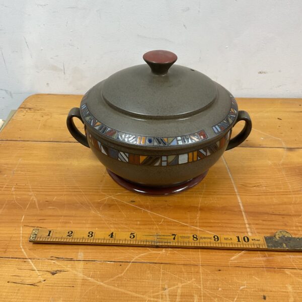 Side view of a vintage Denby Marrakesh casserole pot with patterned design.