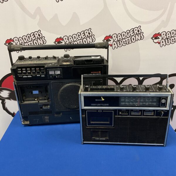 Vintage cassette radios by Hitachi and Sharp, a retro audio pair.