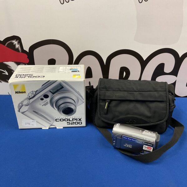 Vintage JVC Everio camcorder and Nikon Coolpix 5200 camera lot for collectors.