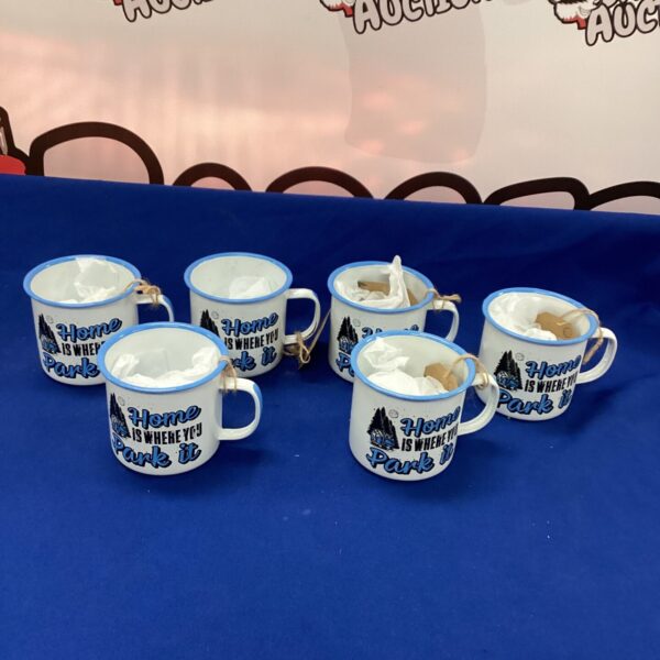 Set of six "Home Is Where You Park It" mugs for collectors.