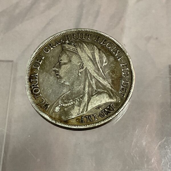 1893 Victoria Old Head Silver Crown coin obverse portrait.