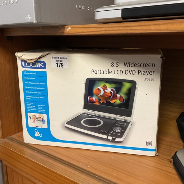 Front view of a Logik portable DVD player, widescreen display.