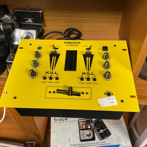 Yellow Synergy hybrid DJ mixer, vintage audio equipment.