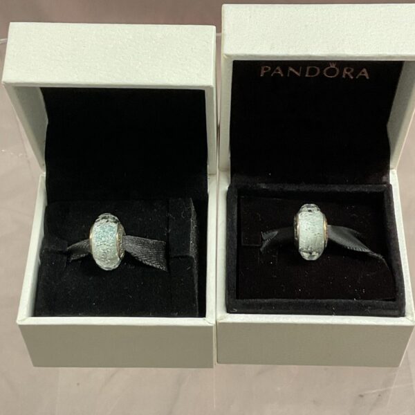 Pair of silver Pandora charms in presentation box.