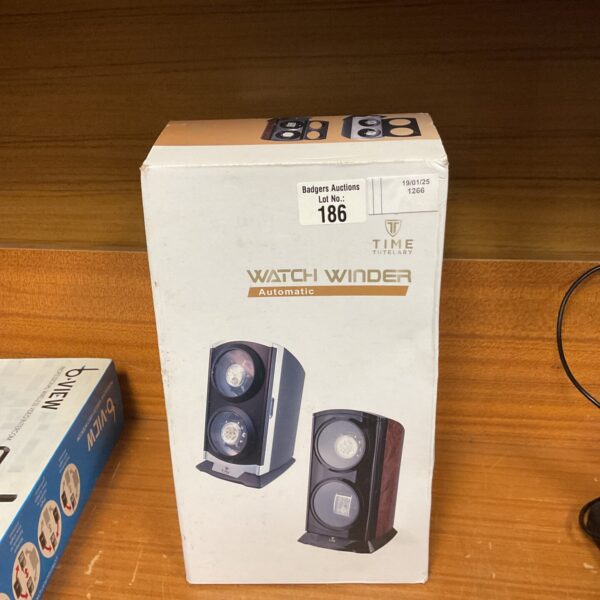 Dark wood-effect Time Tutelary automatic watch winder for two watches.