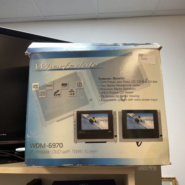 Wharfedale WD-6970 portable DVD player with twin screen displayed.