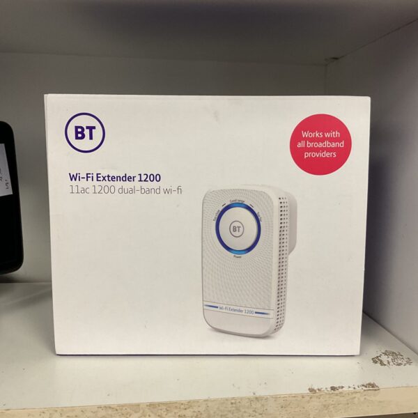 Front view of the BT WiFi Extender 1200 wireless range extender.
