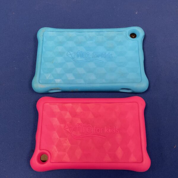 Two Amazon Kindle Fire kids tablets with protective cases.