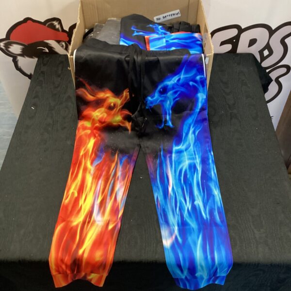 New colourful dragon pattern trousers, a bold fashion statement.