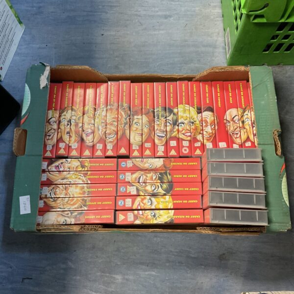 Vintage Carry On VHS tapes collection for movie enthusiasts.