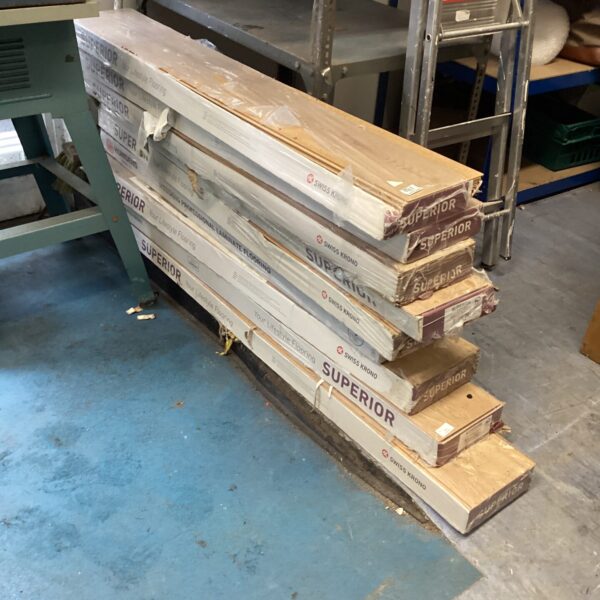 Stack of sealed boxes of wood effect laminate flooring.