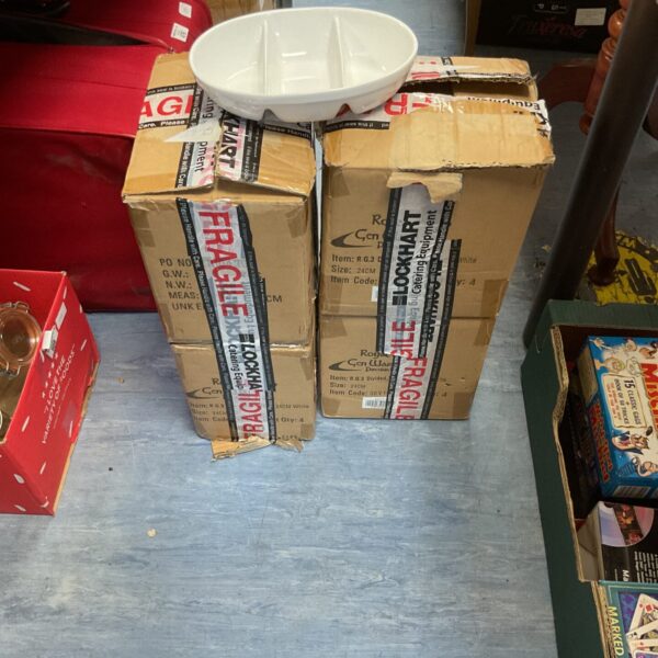 Two boxes of vintage Royal Gen Ware serving dishes, stacked and sealed.