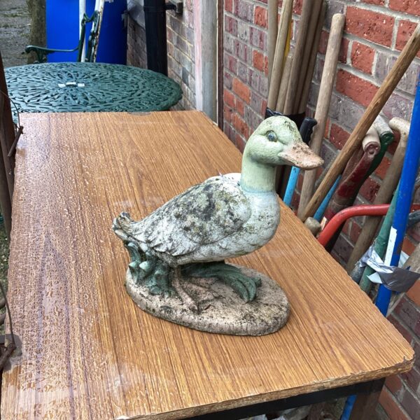 Detailed stone effect garden duck ornament for outdoor display.