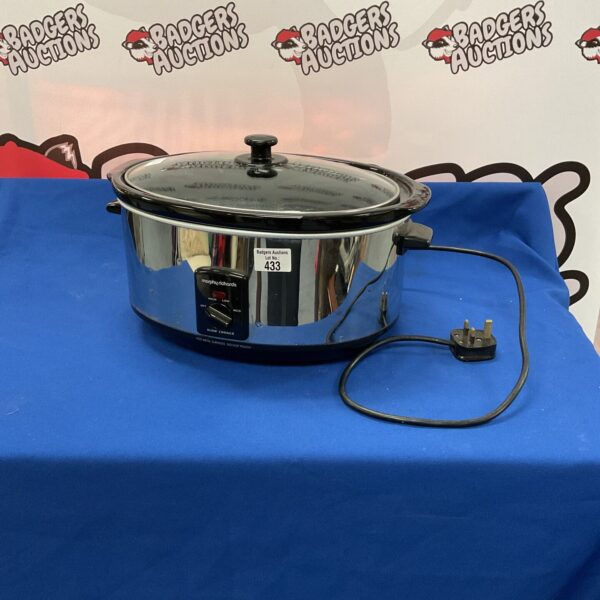 Front view of a Morphy Richards slow cooker with ceramic pot.
