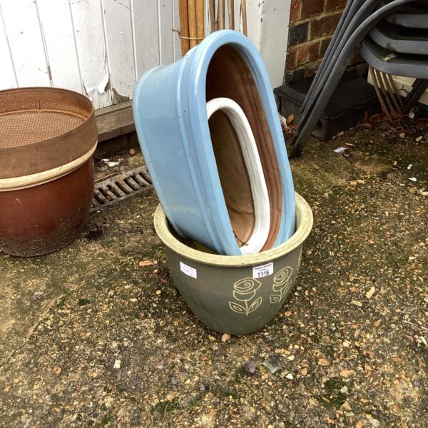 Lot of three garden planters, terracotta and blue glazed.