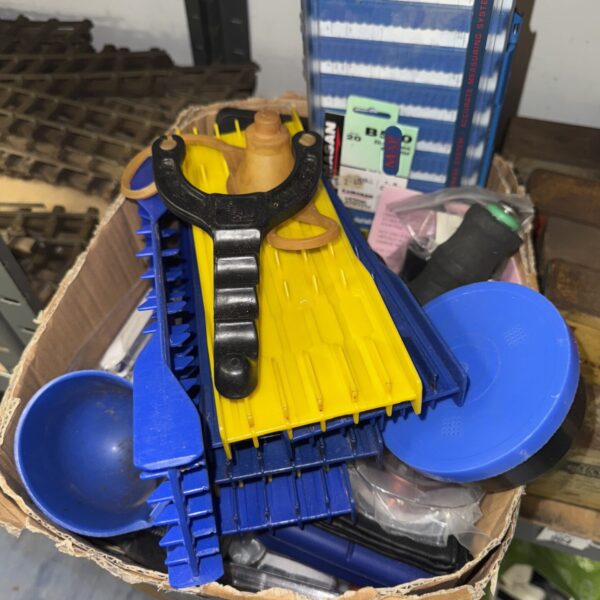 Mixed lot of toys and tools including a Megaline catapult.
