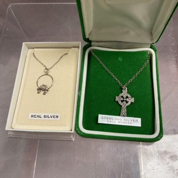 Vintage sterling silver Celtic cross and lovebirds pendant necklace set.