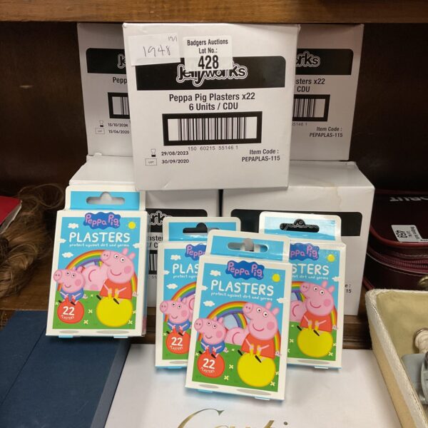Stack of seven boxes of Peppa Pig plasters.