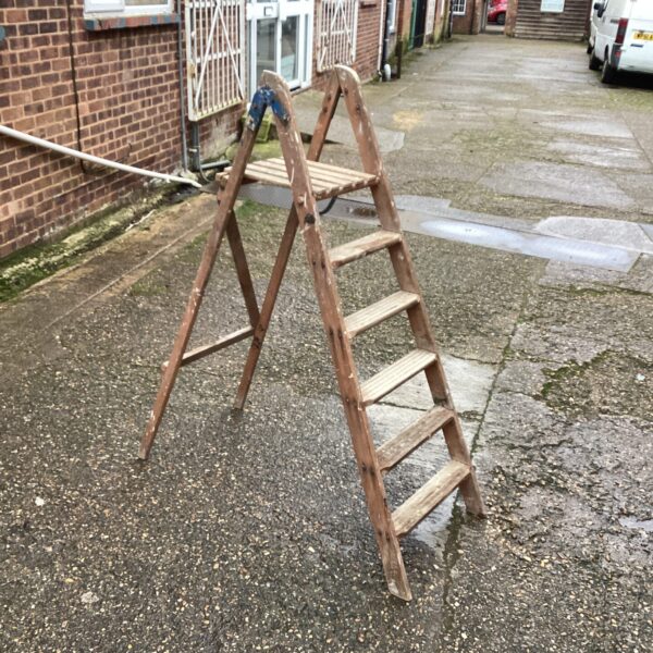 Vintage wooden step ladder in a garden setting.