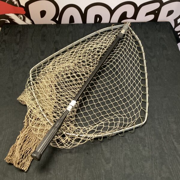 Vintage Leeda fishing net with woven mesh and dark handle.
