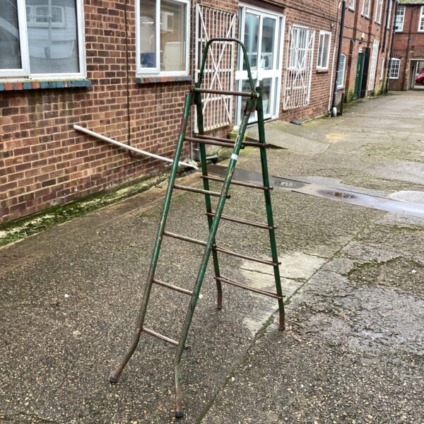 Vintage metal multi-purpose ladder in a garden setting.