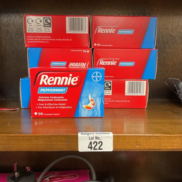 Seven boxes of Rennie Peppermint tablets for heartburn relief.