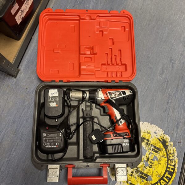Black & Decker XT cordless drill in open carrying case.