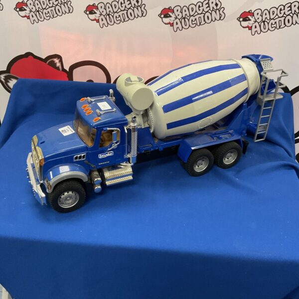Detailed Bruder cement truck model for collectors and construction enthusiasts.