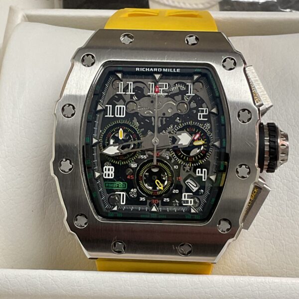 Front view of a Richard Mille style quartz watch with yellow strap.