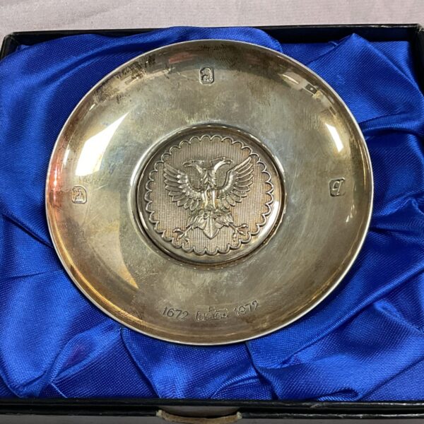 Antique Britannia silver pin dish with double headed eagle design.