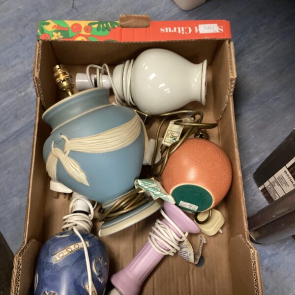 Vintage table lamps lot with ceramic bases and shades.