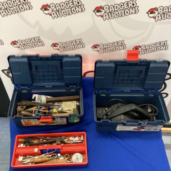 Blue tool boxes filled with assorted tools and hardware.