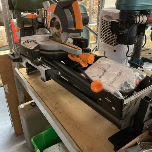 Evolution mitre saw with stand, ideal for DIY and woodworking projects.
