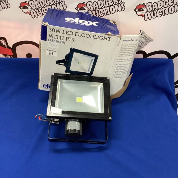 Elex 30w floodlight with PIR sensor in original packaging.