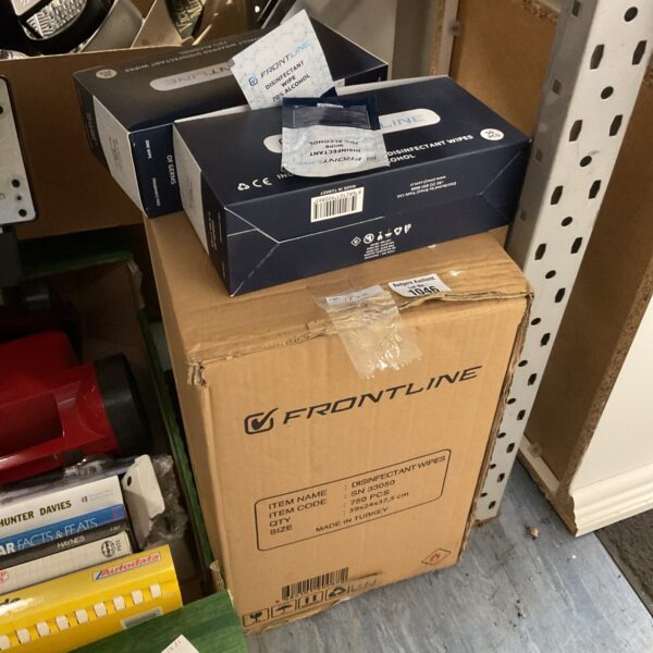 Box of Frontline alcohol disinfectant wipes for cleaning surfaces.