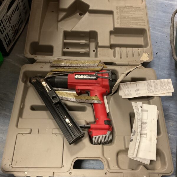 Flex nail gun in carrying case, pneumatic framing tool.