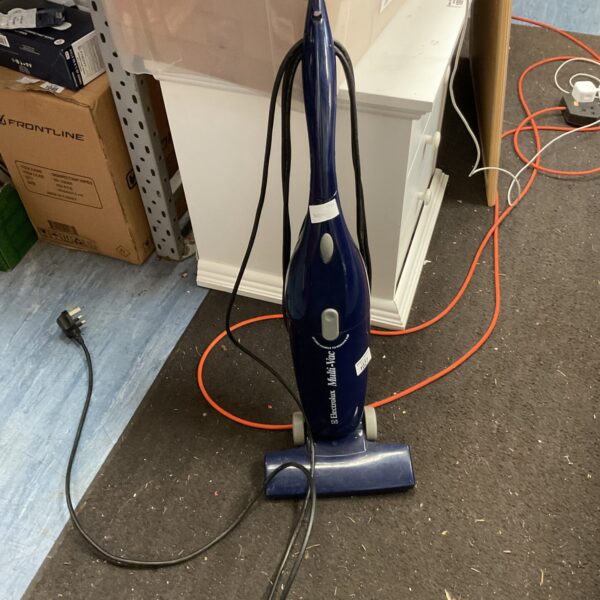 Blue vintage Electrolux Multi Vac vacuum cleaner for home cleaning.