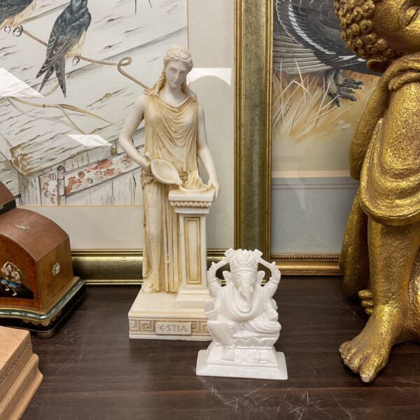 Antique alabaster Grecian lady and stone Ganesh statue for collectors.