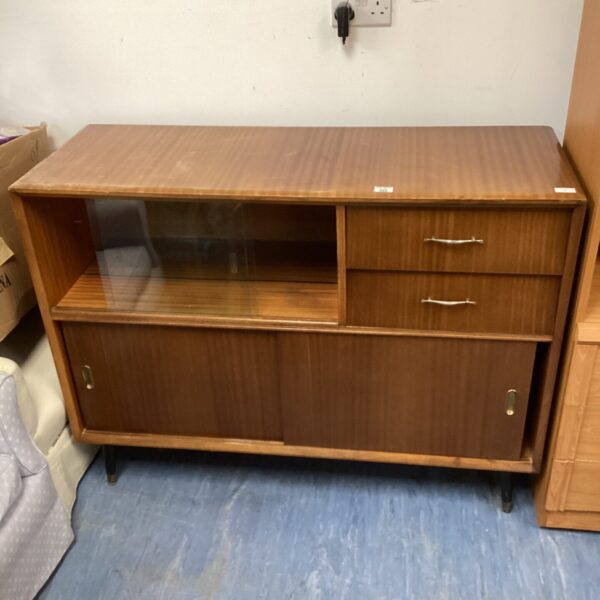 Vintage teak display cabinet with glass front.