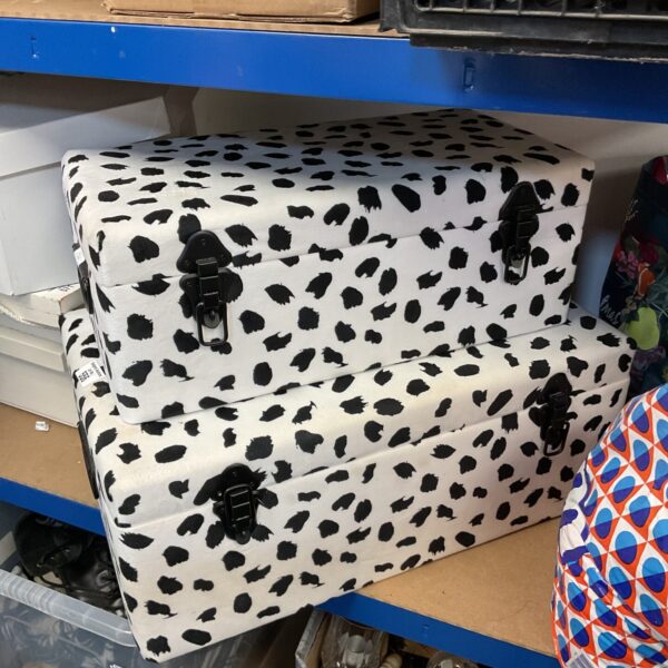 Pair of vintage Dalmatian patterned storage trunks.