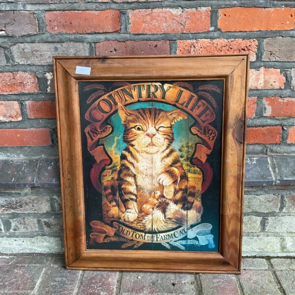 Vintage "Country Life" farm cat print for rustic home decor.