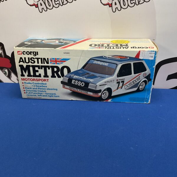 Vintage Corgi Austin Metro RC car, model M5900, motorsport livery.