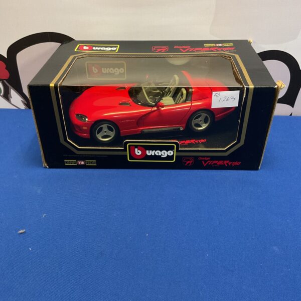 Red Burago Dodge Viper RT10 diecast model car in box.