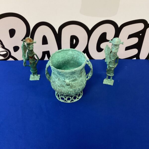 Antique Roman style bronze figures and vase, collectible sculpture.